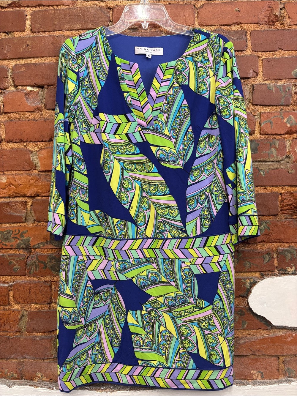 Trina Turk Rocio V-Neck 3/4 Sleeve Shift Dress Blue/Green/Purple Leaf Print Sz 6